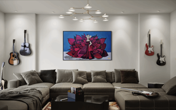 "Cardi" canvas art print by Henrix. Inspired by Cardi B's Met Gala look, this piece captures red carpet glam with a fierce dress and abstract detailing.