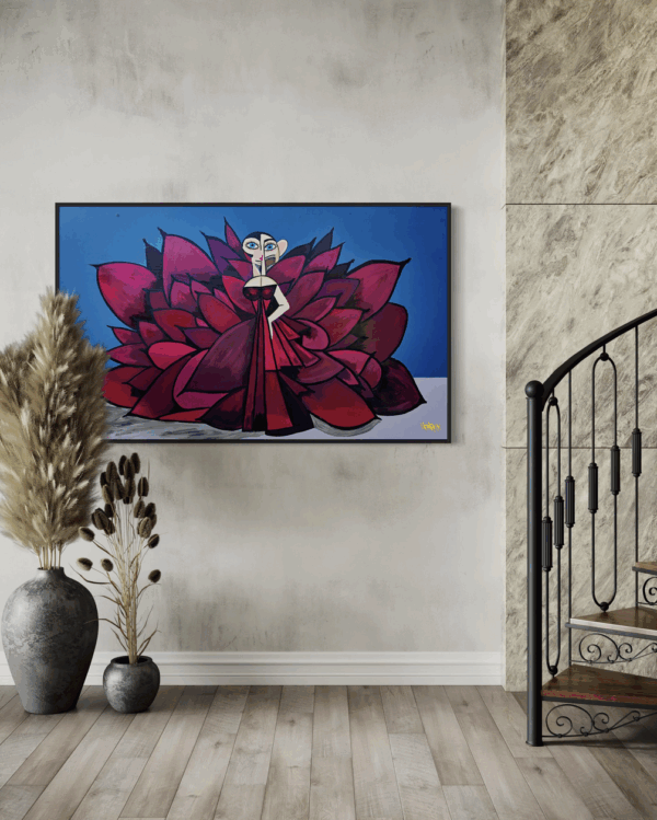 "Cardi" canvas art print by Henrix. Inspired by Cardi B's Met Gala look, this piece captures red carpet glam with a fierce dress and abstract detailing.