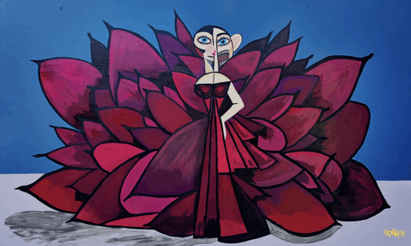 "Cardi" canvas art print by Henrix. Inspired by Cardi B's Met Gala look, this piece captures red carpet glam with a fierce dress and abstract detailing.