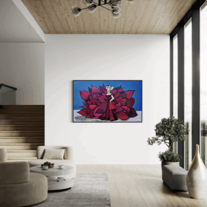 "Cardi" canvas art print by Henrix. Inspired by Cardi B's Met Gala look, this piece captures red carpet glam with a fierce dress and abstract detailing.