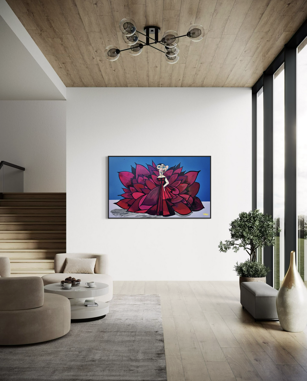 "Cardi" canvas art print by Henrix. Inspired by Cardi B's Met Gala look, this piece captures red carpet glam with a fierce dress and abstract detailing.