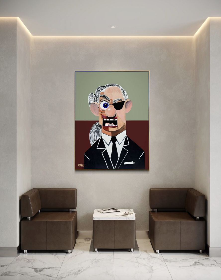 ‘Karl’ by Henrix, honoring fashion icon Karl Lagerfeld with bold colors, sharp contrasts, and future expressionist style.