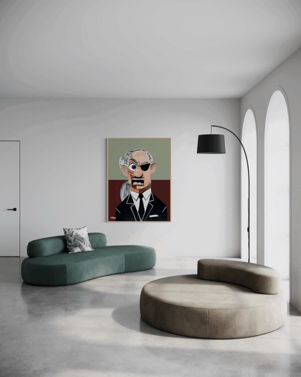 ‘Karl’ by Henrix, honoring fashion icon Karl Lagerfeld with bold colors, sharp contrasts, and future expressionist style.