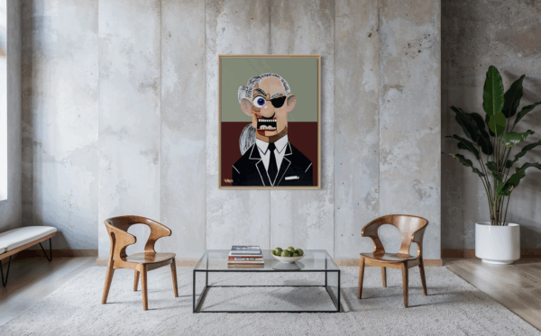 ‘Karl’ by Henrix, honoring fashion icon Karl Lagerfeld with bold colors, sharp contrasts, and future expressionist style.