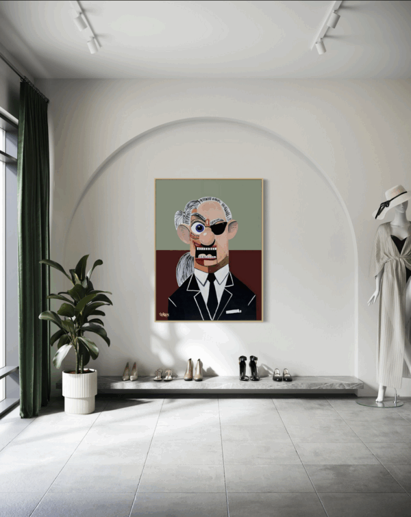 ‘Karl’ by Henrix, honoring fashion icon Karl Lagerfeld with bold colors, sharp contrasts, and future expressionist style.