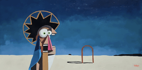 Painting by Henrix showing a geometric figure with oversized eyes, sharp teeth, and a dramatic night-blue backdrop