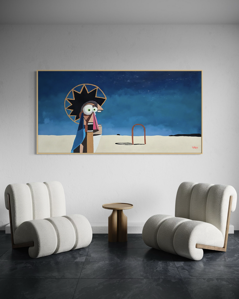 Painting by Henrix showing a geometric figure with oversized eyes, sharp teeth, and a dramatic night-blue backdrop