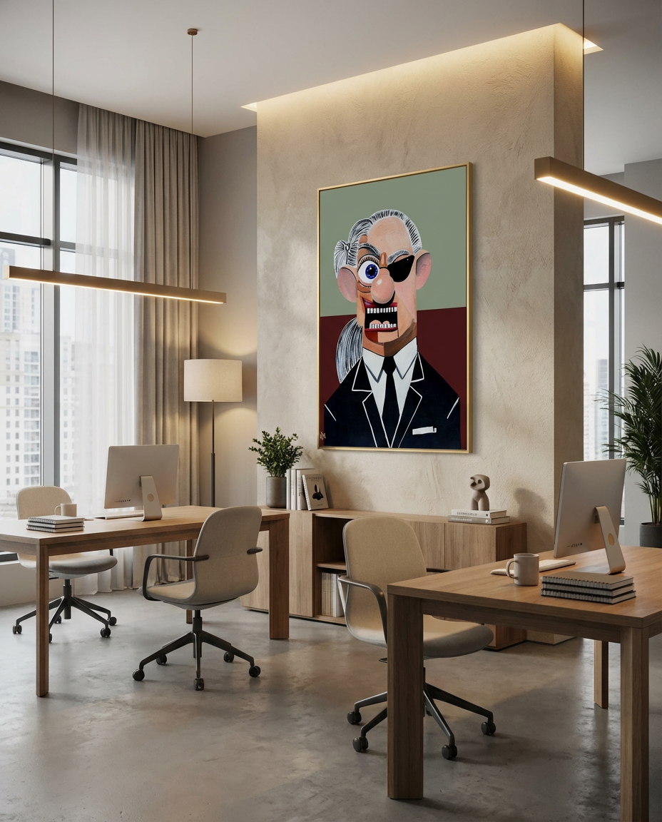 Karl canvas print by Henrix hanging in minimalist home office with iMac and espresso bar