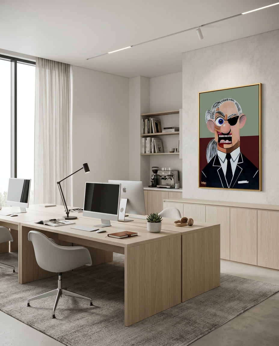 Karl canvas print by Henrix displayed in modern office with wood desks and pendant lighting