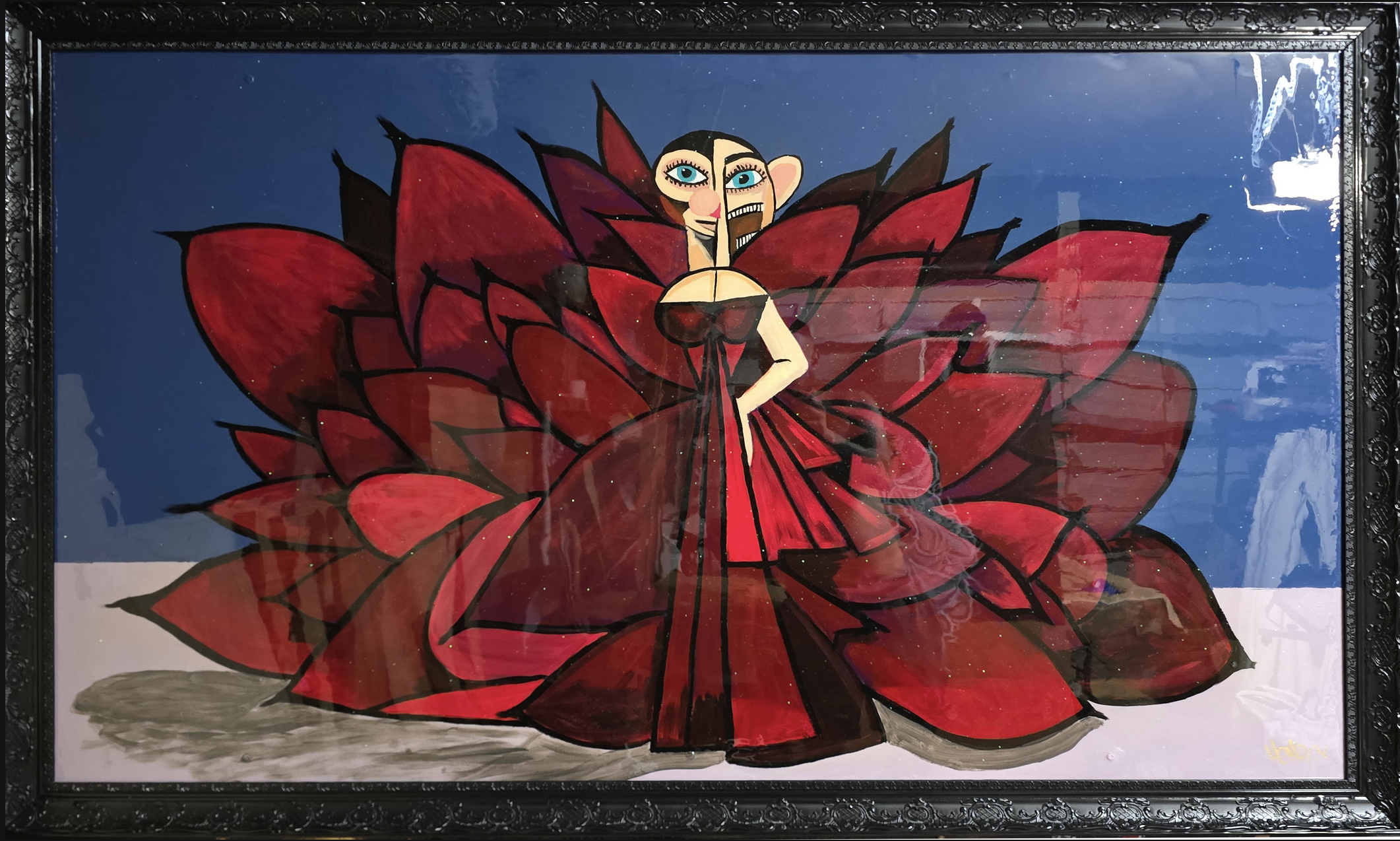 Cardi original painting by Henrix featuring a dramatic red Met Gala inspired dress in surreal cubism style, oil and acrylic on wood panel with resin finish
