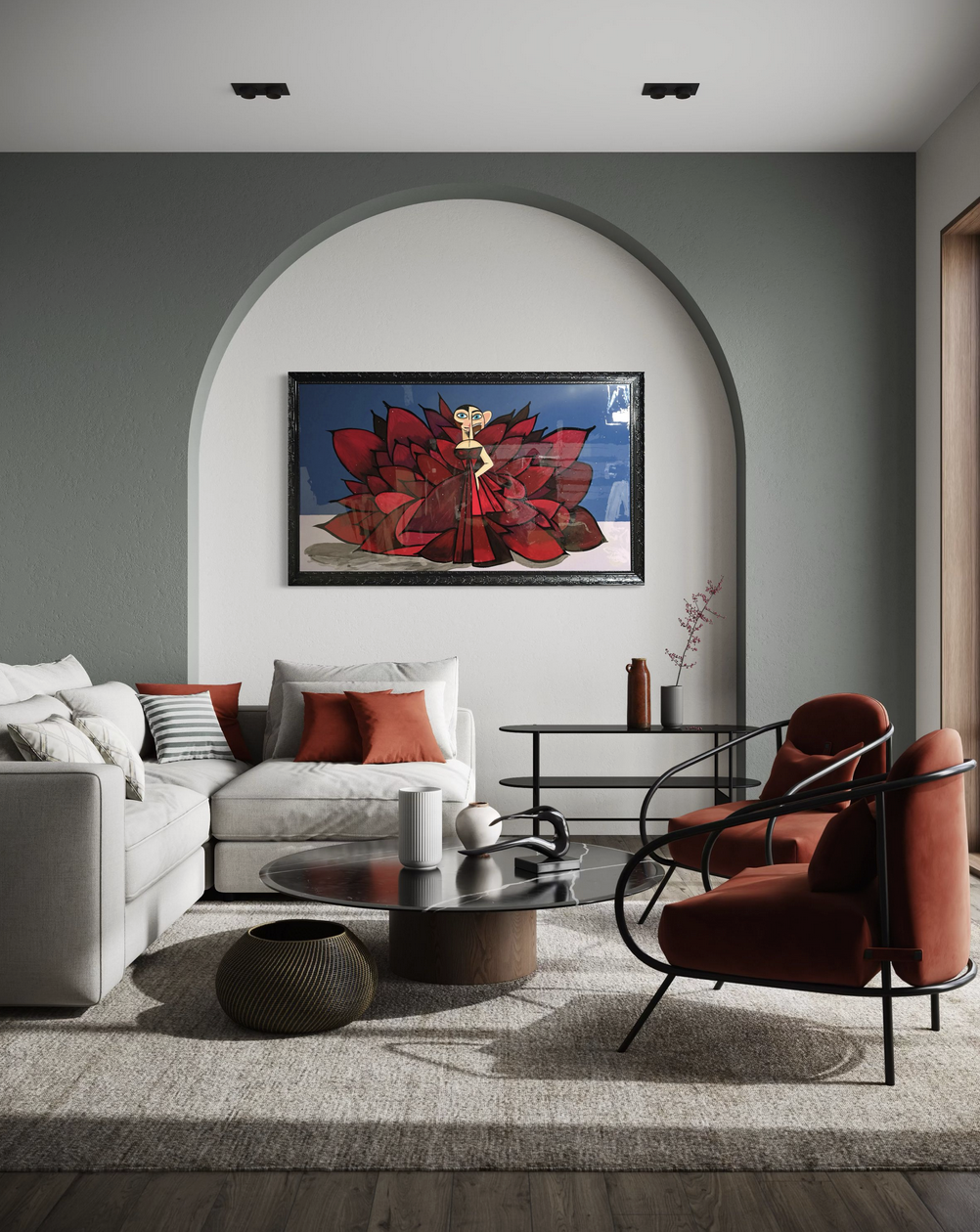 "Cardi" original painting by Henrix. Inspired by Cardi B's Met Gala look, this piece captures red carpet glam with a fierce dress and abstract detailing.