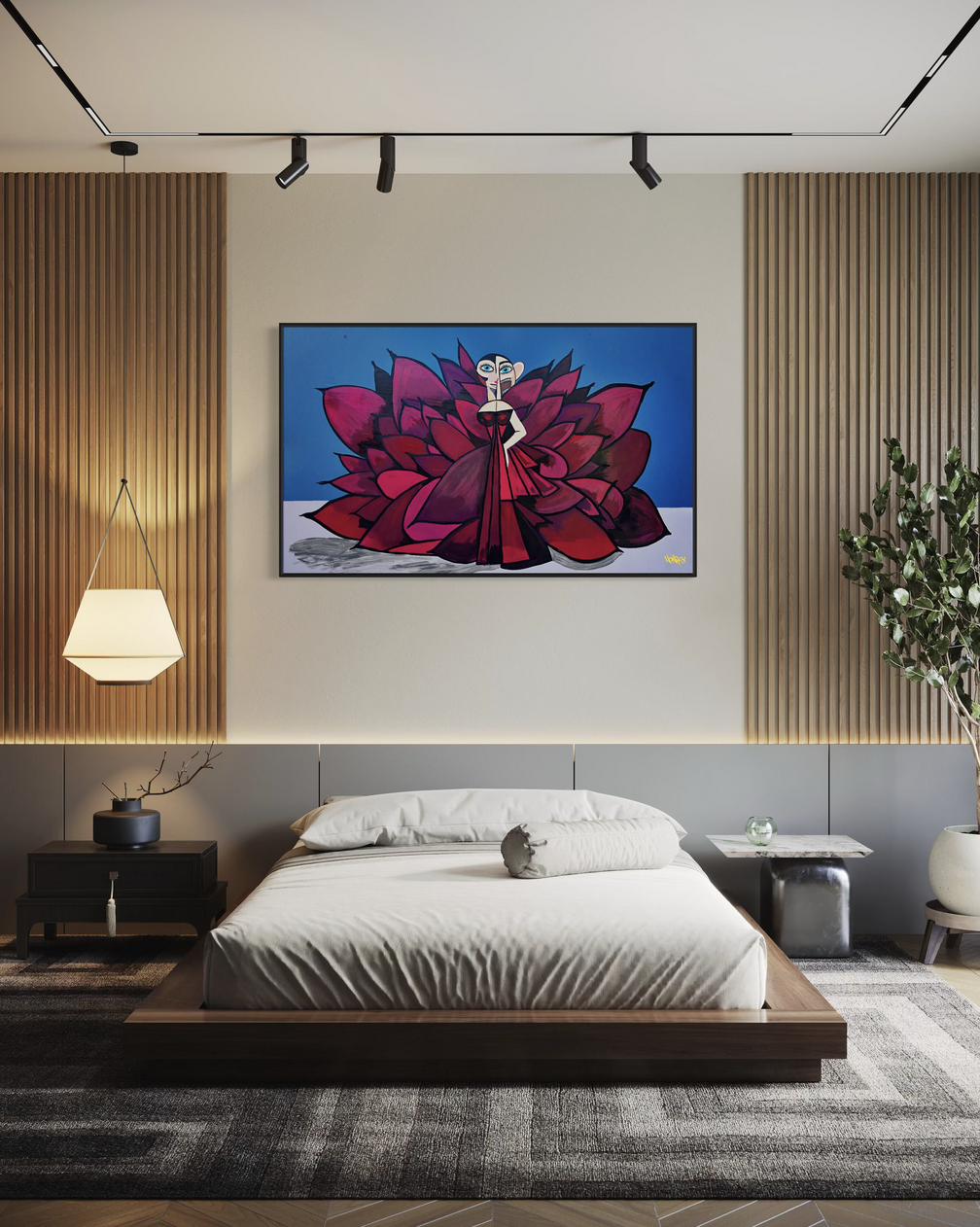 "Cardi" canvas art print by Henrix. Inspired by Cardi B's Met Gala look, this piece captures red carpet glam with a fierce dress and abstract detailing.