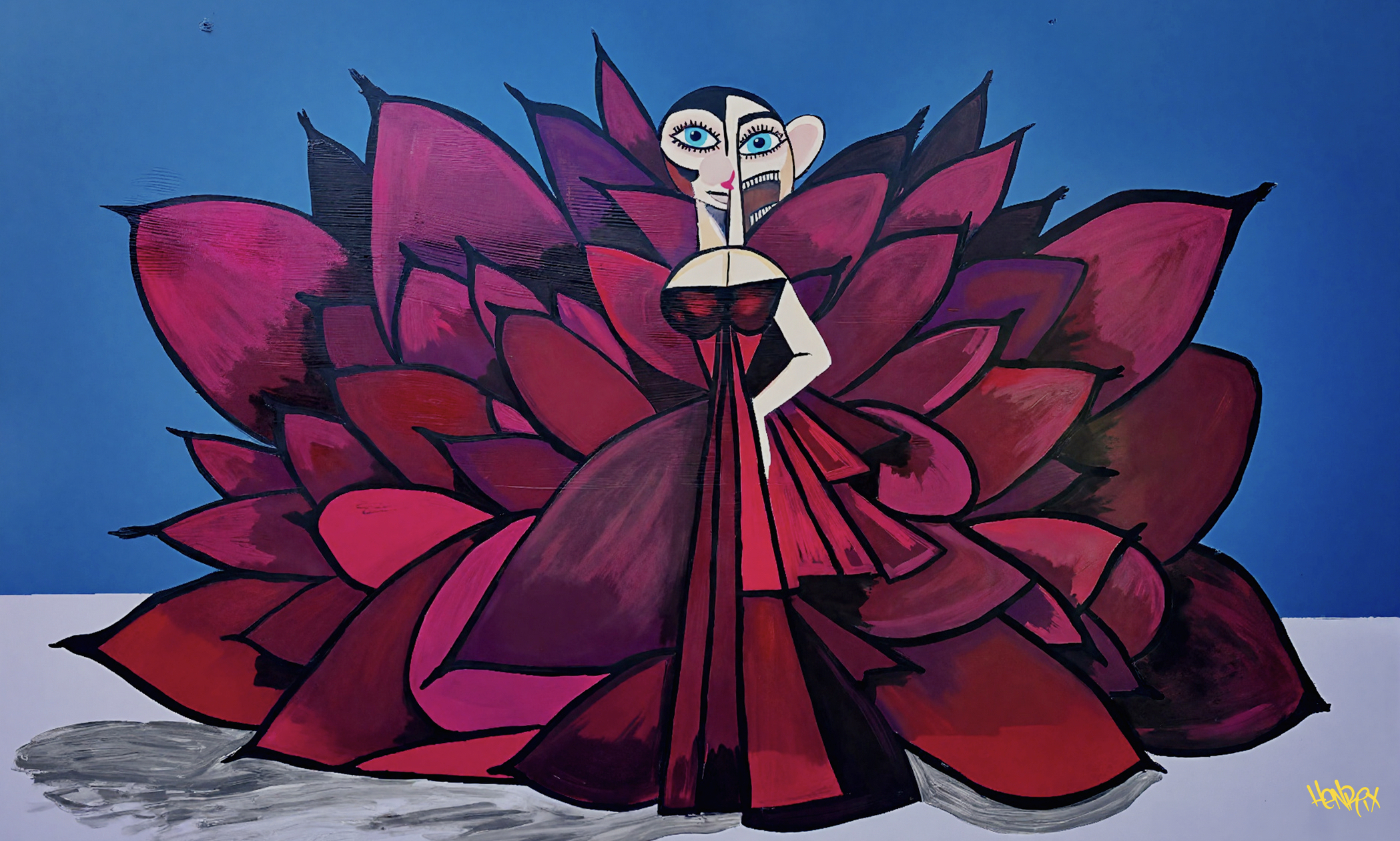 "Cardi" canvas art print by Henrix. Inspired by Cardi B's Met Gala look, this piece captures red carpet glam with a fierce dress and abstract detailing.
