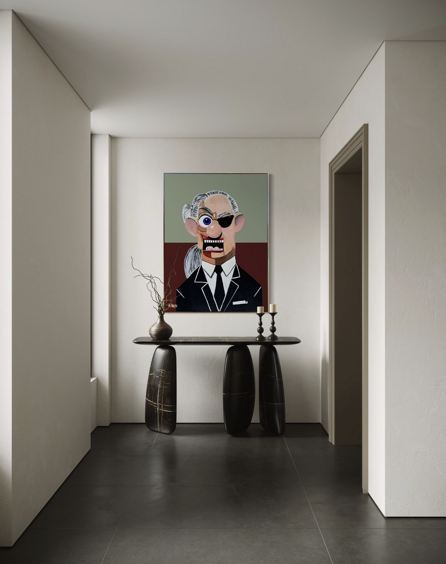 ‘Karl’ by Henrix, honoring fashion icon Karl Lagerfeld with bold colors, sharp contrasts, and future expressionist style.