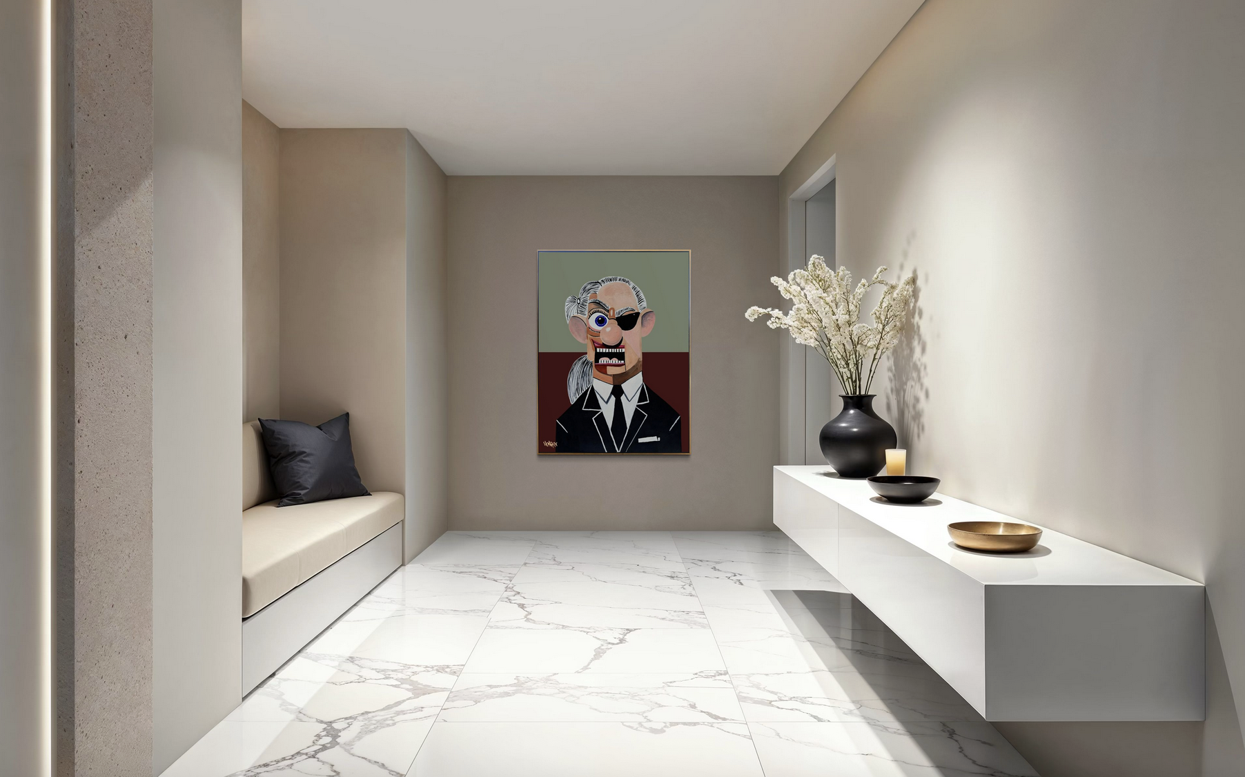 ‘Karl’ by Henrix, honoring fashion icon Karl Lagerfeld with bold colors, sharp contrasts, and future expressionist style.