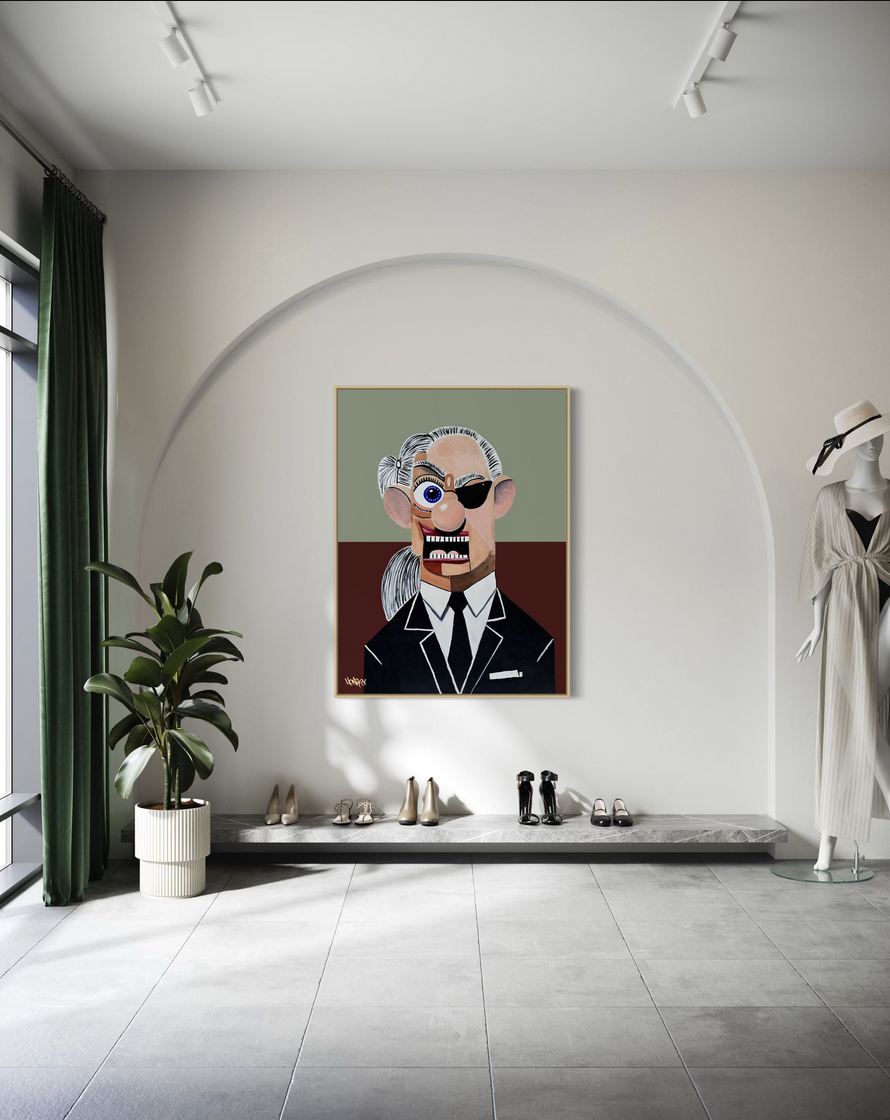 ‘Karl’ by Henrix, honoring fashion icon Karl Lagerfeld with bold colors, sharp contrasts, and future expressionist style.