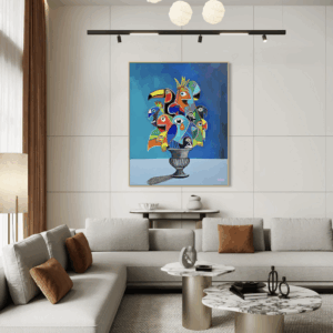 Henrix’s painting Birdquet featuring a surreal bouquet of macaws, toucans, and tropical birds arranged in a vase against a blue sky background.