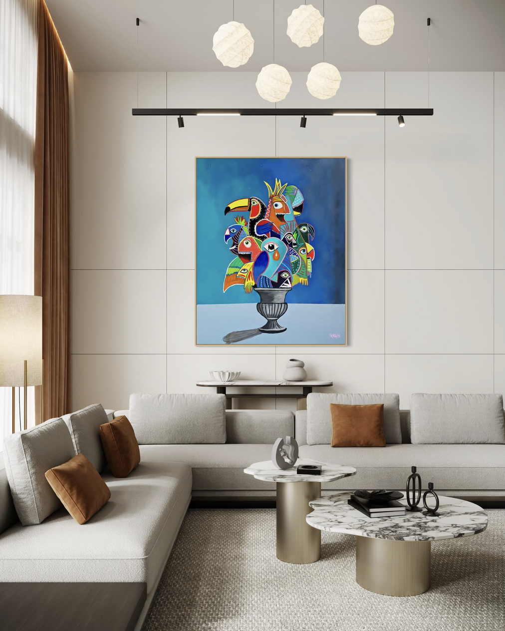 Henrix’s painting Birdquet featuring a surreal bouquet of macaws, toucans, and tropical birds arranged in a vase against a blue sky background.