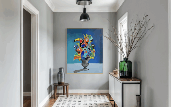 Henrix’s painting Birdquet featuring a surreal bouquet of macaws, toucans, and tropical birds arranged in a vase against a blue sky background.