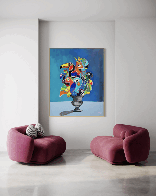 Henrix’s painting Birdquet featuring a surreal bouquet of macaws, toucans, and tropical birds arranged in a vase against a blue sky background.