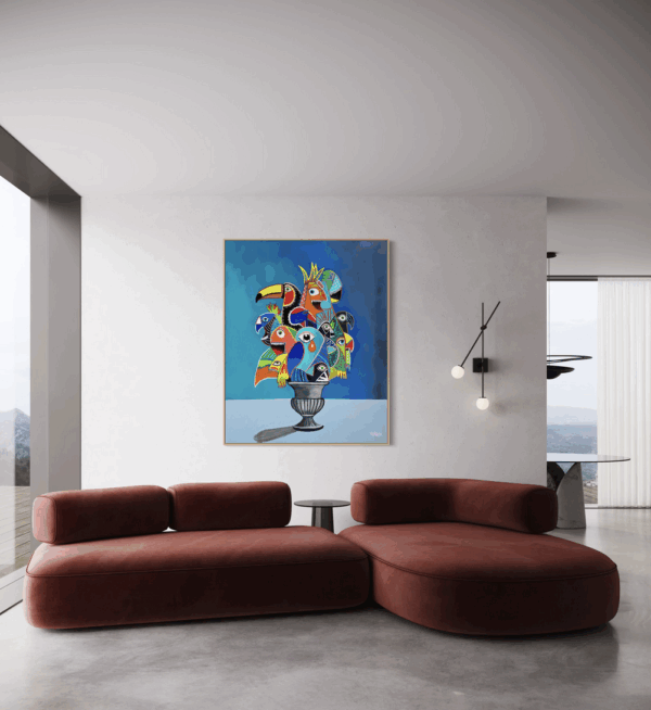 Henrix’s painting Birdquet featuring a surreal bouquet of macaws, toucans, and tropical birds arranged in a vase against a blue sky background.
