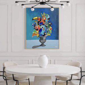 Henrix’s painting Birdquet featuring a surreal bouquet of macaws, toucans, and tropical birds arranged in a vase against a blue sky background.