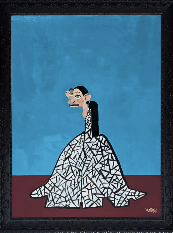 Henrix’s Runaway Bride painting of a bride escaping in a mosaic-pattern white gown.