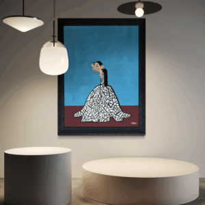 Henrix’s Runaway Bride painting of a bride escaping in a mosaic-pattern white gown.