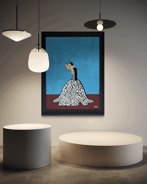 Henrix’s Runaway Bride painting of a bride escaping in a mosaic-pattern white gown.