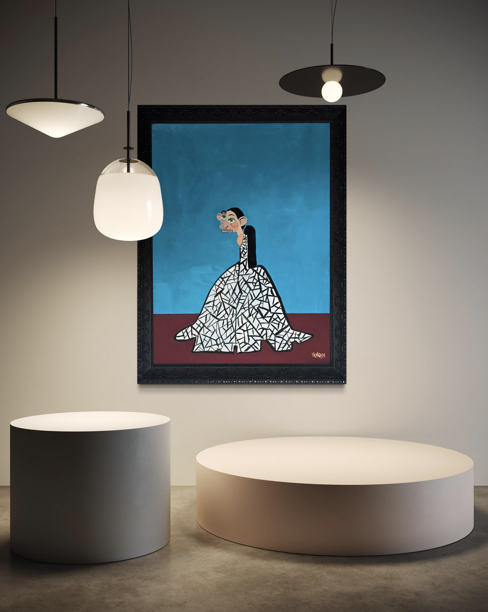 Henrix’s Runaway Bride painting of a bride escaping in a mosaic-pattern white gown.
