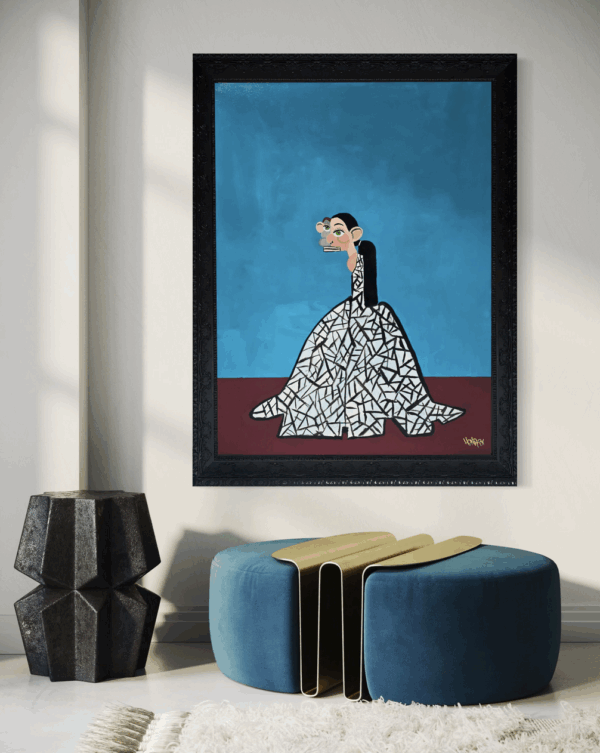 Henrix’s Runaway Bride painting of a bride escaping in a mosaic-pattern white gown.