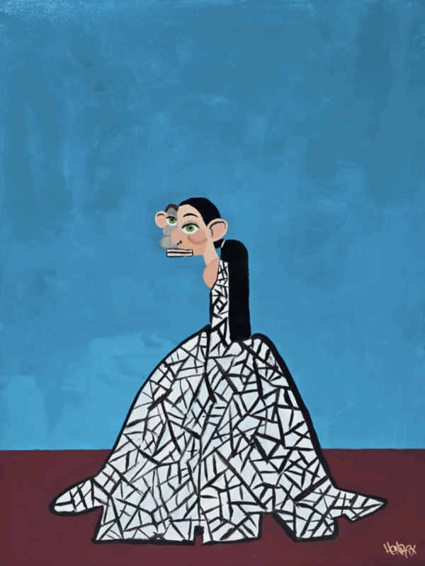 Henrix’s Runaway Bride painting of a bride escaping in a mosaic-pattern white gown.