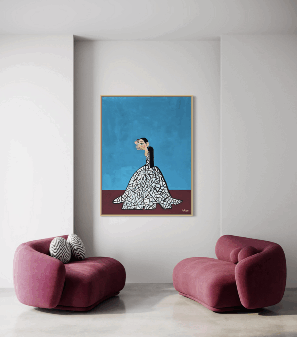 Henrix’s Runaway Bride painting of a bride escaping in a mosaic-pattern white gown.