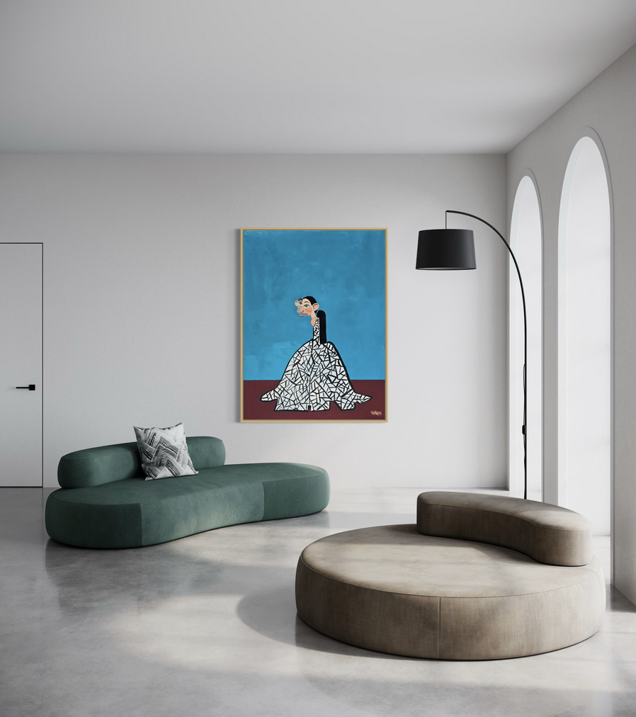 Henrix’s Runaway Bride painting of a bride escaping in a mosaic-pattern white gown.