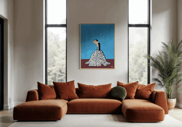 Henrix’s Runaway Bride painting of a bride escaping in a mosaic-pattern white gown.