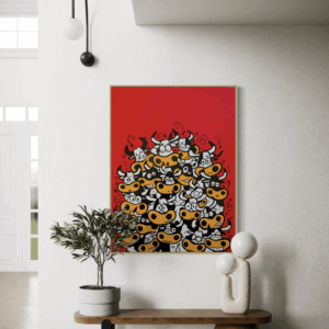 Henrix “Bullish” painting featuring a group of cartoon-style bulls with different expressions on a bold red background