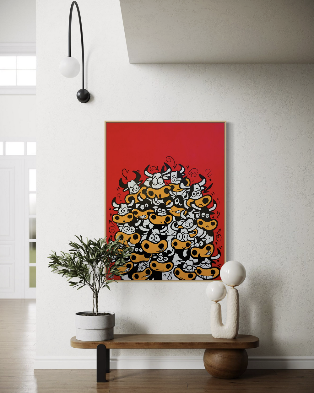 Henrix “Bullish” painting featuring a group of cartoon-style bulls with different expressions on a bold red background