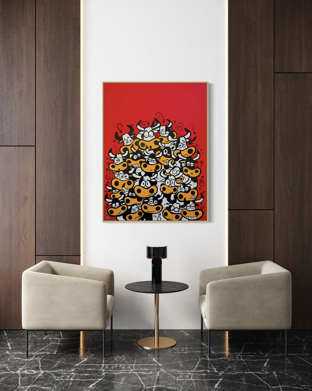 Henrix “Bullish” painting featuring a group of cartoon-style bulls with different expressions on a bold red background
