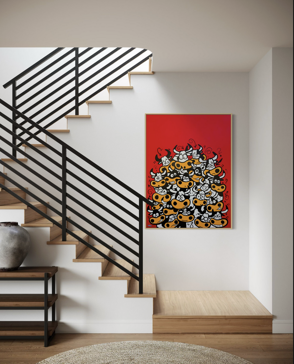 Henrix “Bullish” painting featuring a group of cartoon-style bulls with different expressions on a bold red background