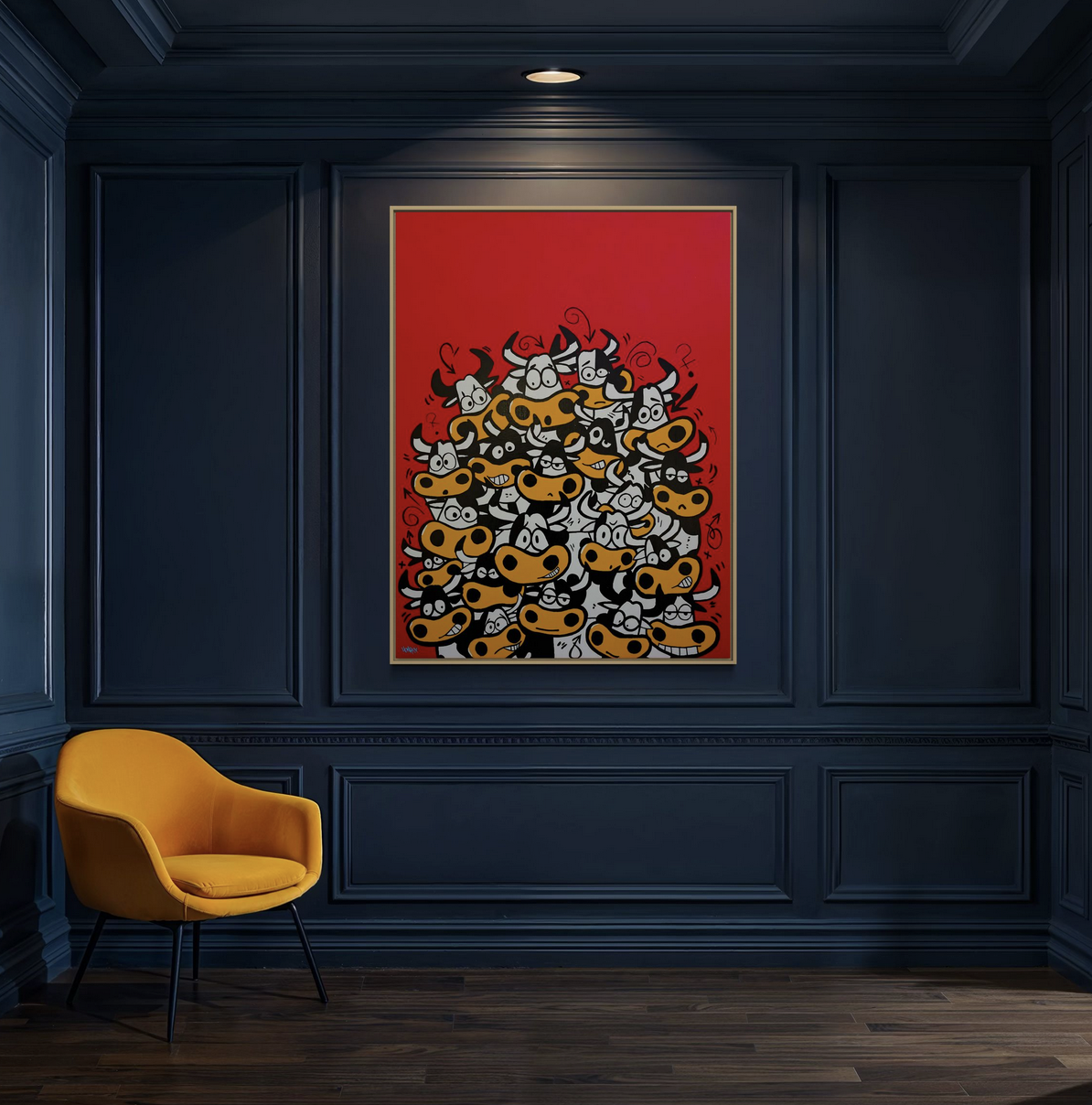 Henrix “Bullish” painting featuring a group of cartoon-style bulls with different expressions on a bold red background