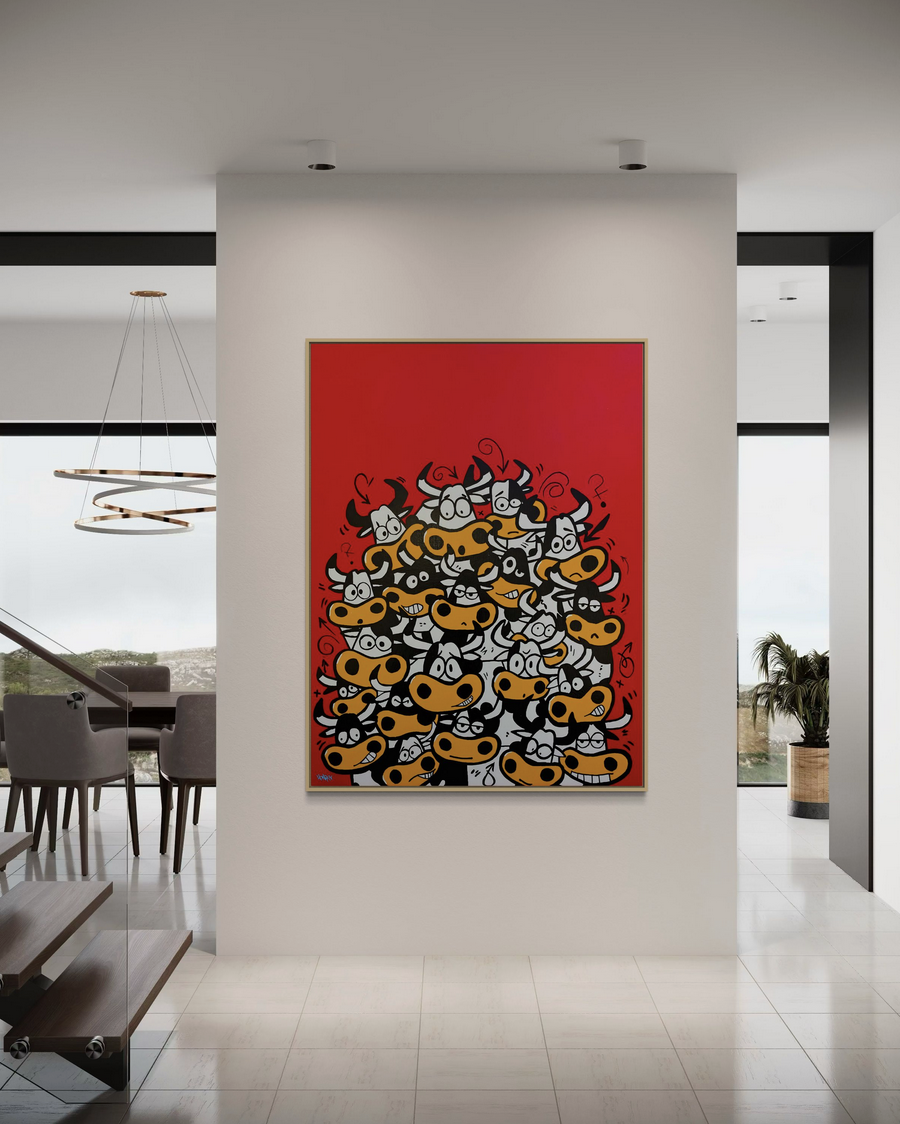 Henrix “Bullish” painting featuring a group of cartoon-style bulls with different expressions on a bold red background