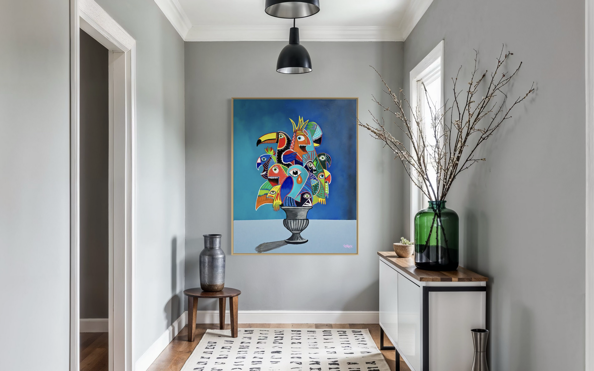 Henrix’s painting Birdquet featuring a surreal bouquet of macaws, toucans, and tropical birds arranged in a vase against a blue sky background.