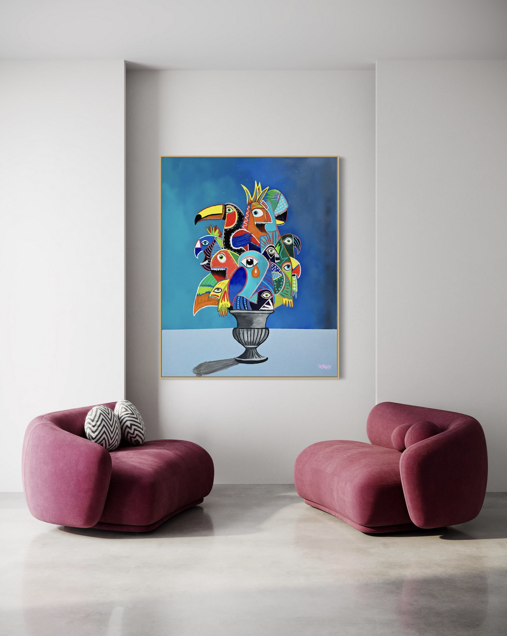 Henrix’s painting Birdquet featuring a surreal bouquet of macaws, toucans, and tropical birds arranged in a vase against a blue sky background.