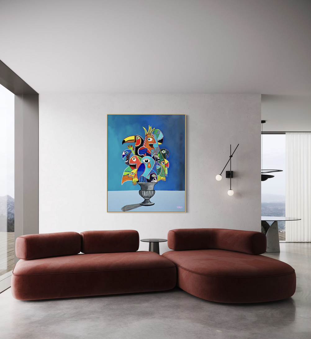 Henrix’s painting Birdquet featuring a surreal bouquet of macaws, toucans, and tropical birds arranged in a vase against a blue sky background.