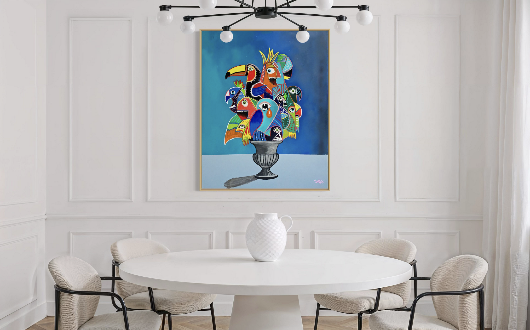 Birdquet original painting Henrix colorful surreal cubism bird bouquet oil acrylic 48x60