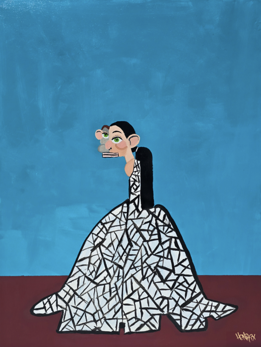 Henrix’s Runaway Bride painting of a bride escaping in a mosaic-pattern white gown.