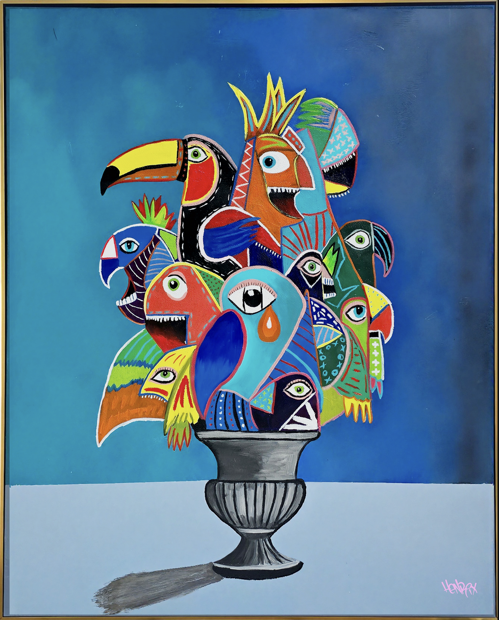 Henrix’s painting Birdquet featuring a surreal bouquet of macaws, toucans, and tropical birds arranged in a vase against a blue sky background.
