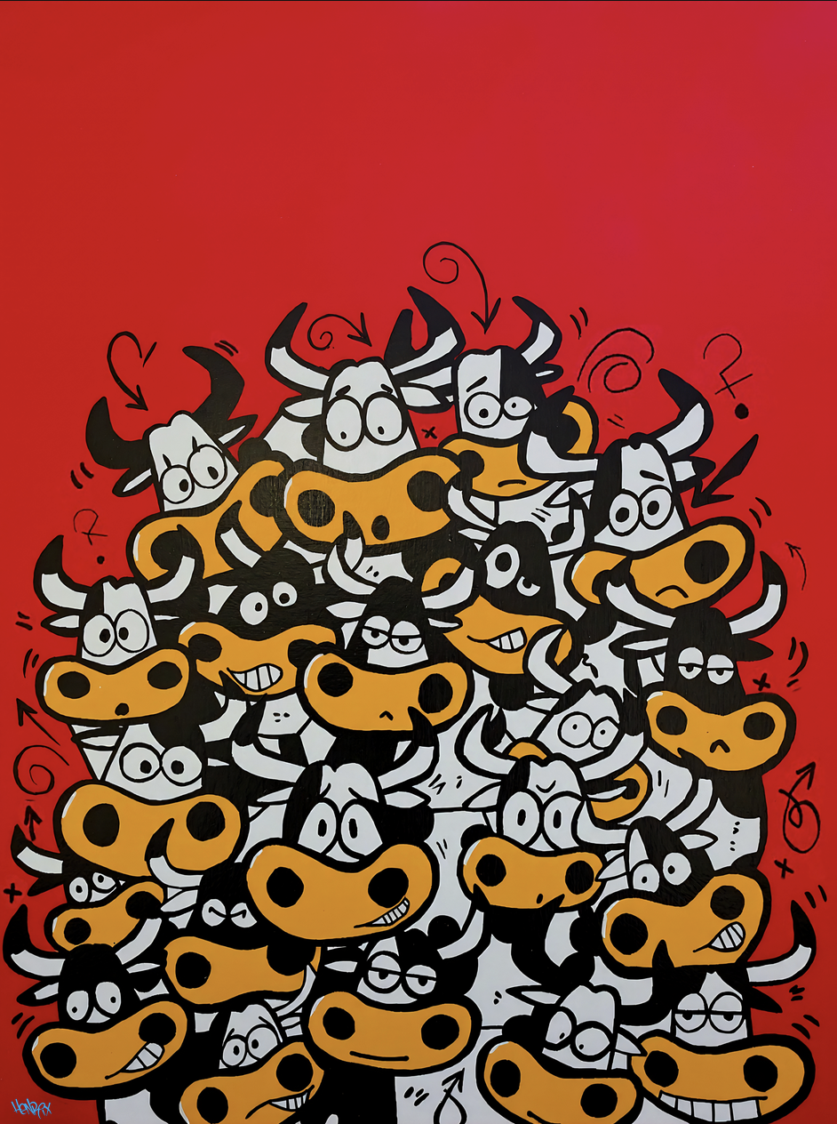 Henrix “Bullish” painting featuring a group of cartoon-style bulls with different expressions on a bold red background