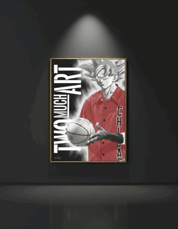 Artwork by Henrix showing Goku holding a basketball, wearing a red Chicago jersey