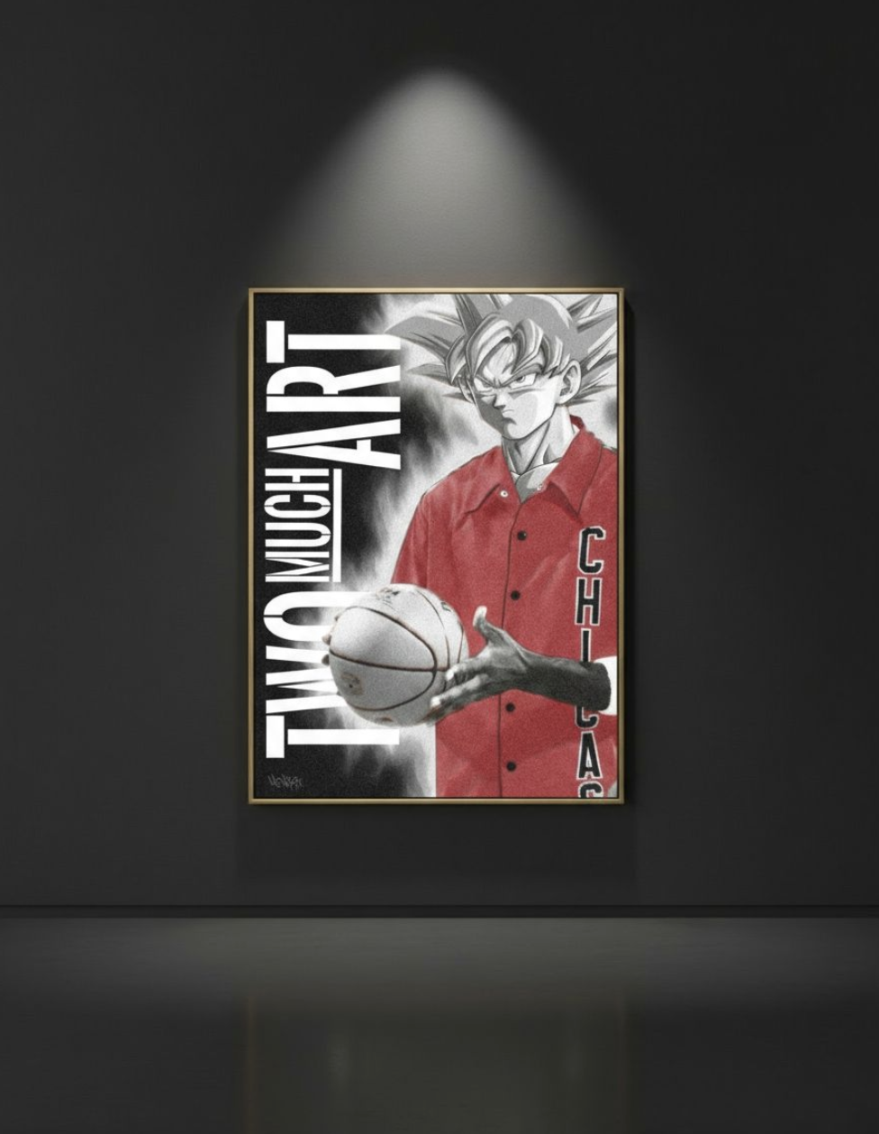 Artwork by Henrix showing Goku holding a basketball, wearing a red Chicago jersey
